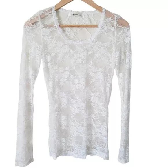 Round Neck Long Sleeve Lace Sheer Top - Picture 2 of 7